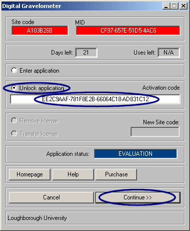 The software activation dialogue showing the fields required to activate Digital Gravelometer