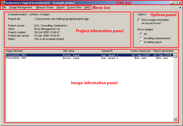 Annotated image of the main program window