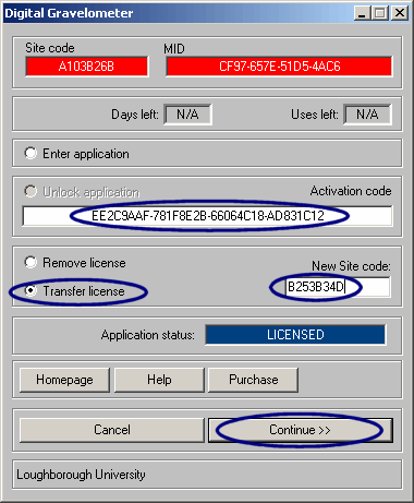 The software activation dialogue showing the fields required to transfer the license to a different computer