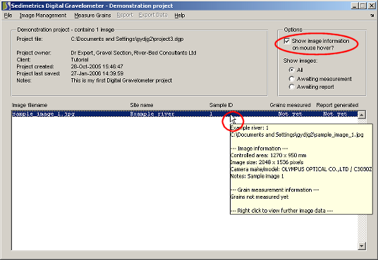 The main program window showing the Show image information on mouse hover option