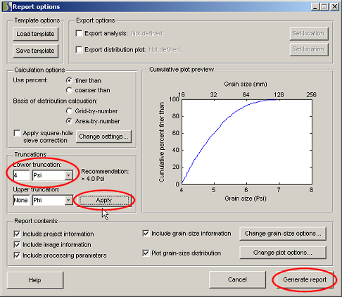The report options dialogue