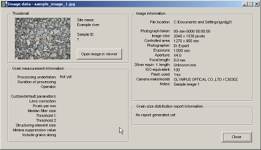 The Image data dialogue