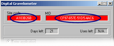 Extract from the software activation dialogue, showing the Site code and MID